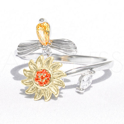 Sunflower and bee adjustable anxiety ring in silver on white background